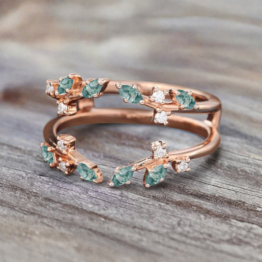 Marquise cut Moss agate wedding band Unique Rose gold enhancer band vintage moissanite double band Open wedding band leaf ring Anniversary