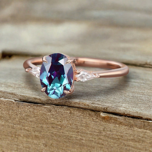 Oval Shape Alexandrite Ring Vintage Engagement Ring 18K Rose Gold Alexandrite Ring Unique Wedding Bridal Ring Anniversary Gift Ring