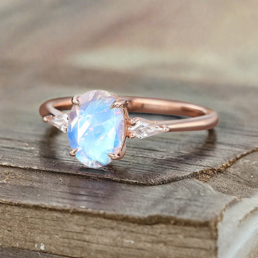 Vintage Oval Mondstein Verlobungsring Unikat Opal Moissanit Versprechensring