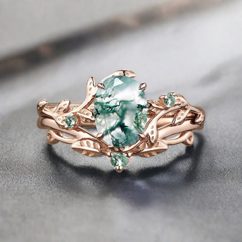 Vintage Oval Cut Moss Agate Engagement Leaf Ring Set Unique Wedding Ring Set Art Deco Bridal Ring Set Stackable Ring