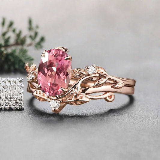 Vintage Oval Cut Pink Sapphire Engagement Leaf Ring Set Unique Wedding Ring Set Art Deco Bridal Ring Set Stackable Ring