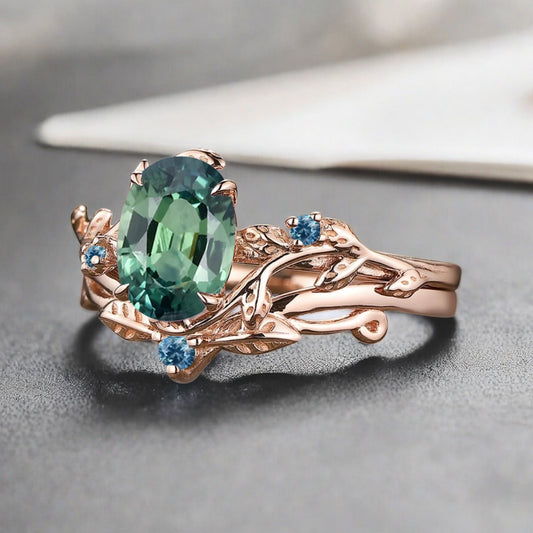 Vintage Oval Cut Tsavorite Engagement Leaf Ring Set Unique Wedding Ring Set Art Deco Bridal Ring Set Stackable Ring