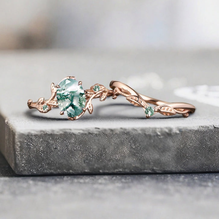 Vintage Oval Cut Moss Agate Engagement Leaf Ring Set Unique Wedding Ring Set Art Deco Bridal Ring Set Stackable Ring