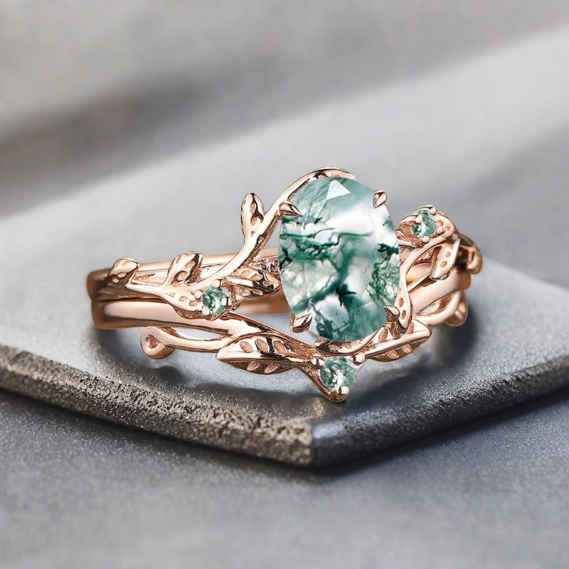 Vintage Oval Cut Moss Agate Engagement Leaf Ring Set Unique Wedding Ring Set Art Deco Bridal Ring Set Stackable Ring