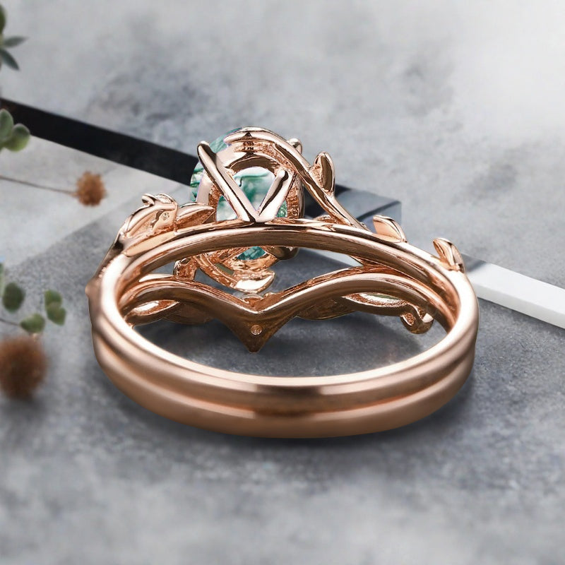 Vintage Oval Cut Moss Agate Engagement Leaf Ring Set Unique Wedding Ring Set Art Deco Bridal Ring Set Stackable Ring