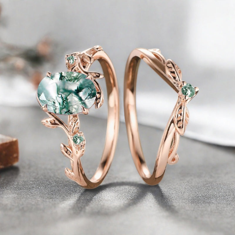 Vintage Oval Cut Moss Agate Engagement Leaf Ring Set Unique Wedding Ring Set Art Deco Bridal Ring Set Stackable Ring