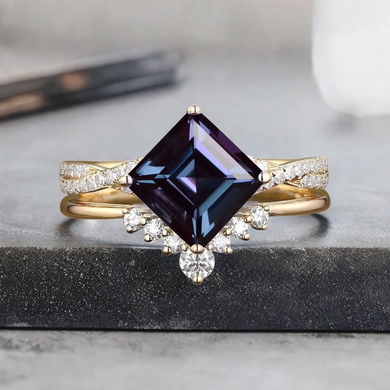Vintage Princess Cut Ring, Alexandrite Engagement Ring, Sterling Silver Ring, Handmade 18K Gold Art Deco Promise Ring