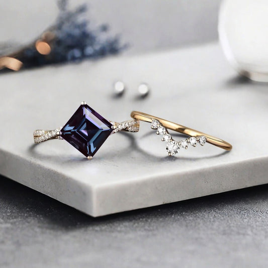 Vintage Princess Cut Ring, Alexandrite Engagement Ring, Sterling Silver Ring, Handmade 18K Gold Art Deco Promise Ring