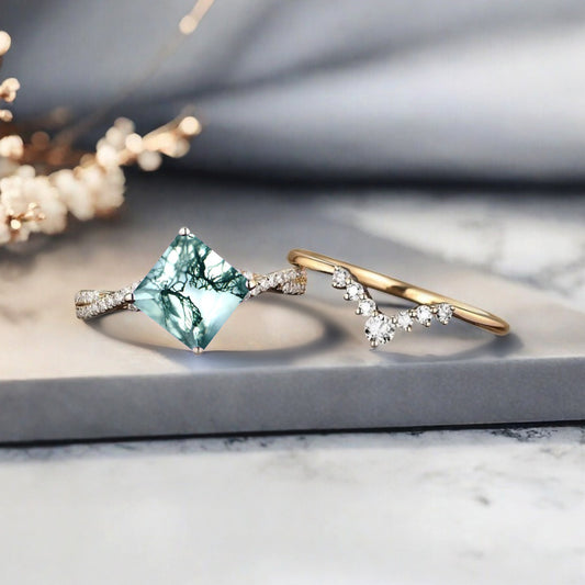 Vintage Princess Cut Ring, Moss Agate Engagement Ring, Sterling Silver Ring, Handmade 18K Gold Art Deco Promise Ring