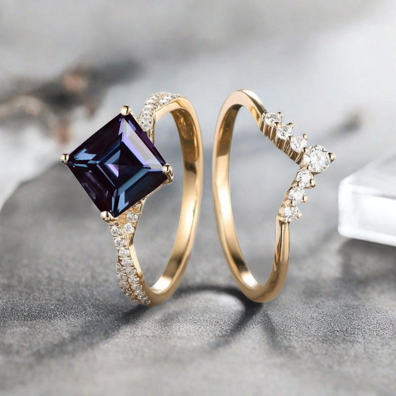 Vintage Princess Cut Ring, Alexandrite Engagement Ring, Sterling Silver Ring, Handmade 18K Gold Art Deco Promise Ring