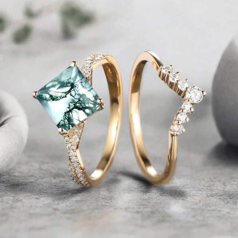 Vintage Princess Cut Ring, Moss Agate Engagement Ring, Sterling Silver Ring, Handmade 18K Gold Art Deco Promise Ring