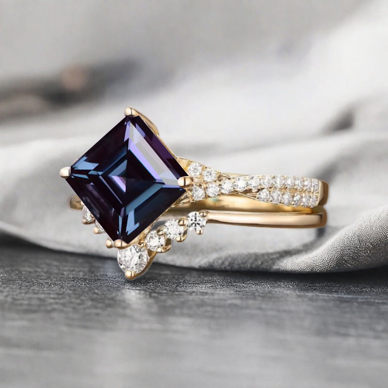 Vintage Princess Cut Ring, Alexandrite Engagement Ring, Sterling Silver Ring, Handmade 18K Gold Art Deco Promise Ring