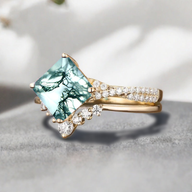 Vintage Princess Cut Ring, Moss Agate Engagement Ring, Sterling Silver Ring, Handmade 18K Gold Art Deco Promise Ring