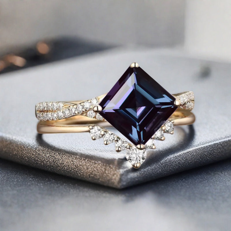 Vintage Princess Cut Ring, Alexandrite Engagement Ring, Sterling Silver Ring, Handmade 18K Gold Art Deco Promise Ring