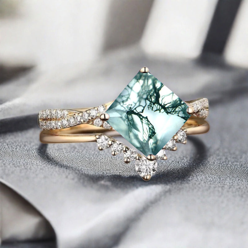 Vintage Princess Cut Ring, Moss Agate Engagement Ring, Sterling Silver Ring, Handmade 18K Gold Art Deco Promise Ring