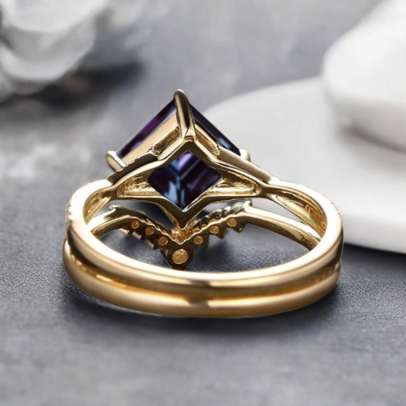 Vintage Princess Cut Ring, Alexandrite Engagement Ring, Sterling Silver Ring, Handmade 18K Gold Art Deco Promise Ring
