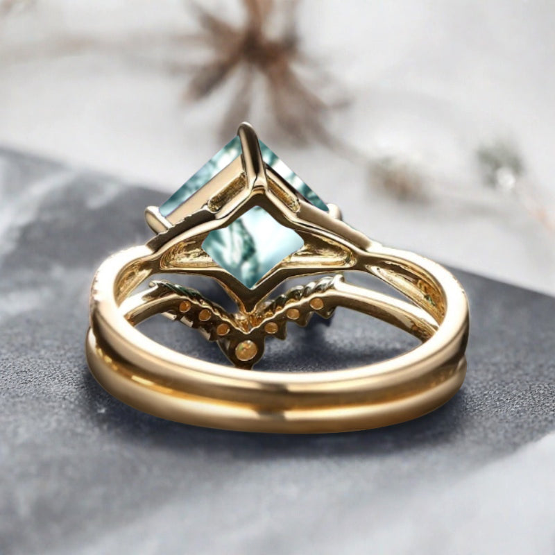 Vintage Princess Cut Ring, Moss Agate Engagement Ring, Sterling Silver Ring, Handmade 18K Gold Art Deco Promise Ring