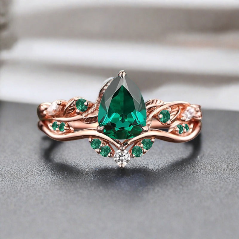 Bague de fiançailles vintage en forme de poire avec aigue-marine, ensemble de bagues de mariage uniques, cadeau d'anniversaire