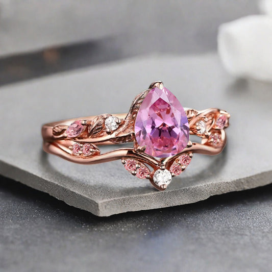 Vintage Pear Shape Pink Sapphire Engagement Ring Set Unique Pink Sapphire Gemstone Promise Bridal Ring Set Anniversary Gift