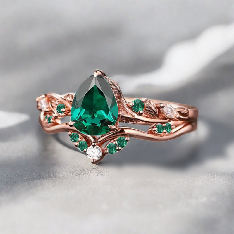 Bague de fiançailles vintage en forme de poire avec aigue-marine, ensemble de bagues de mariage uniques, cadeau d'anniversaire