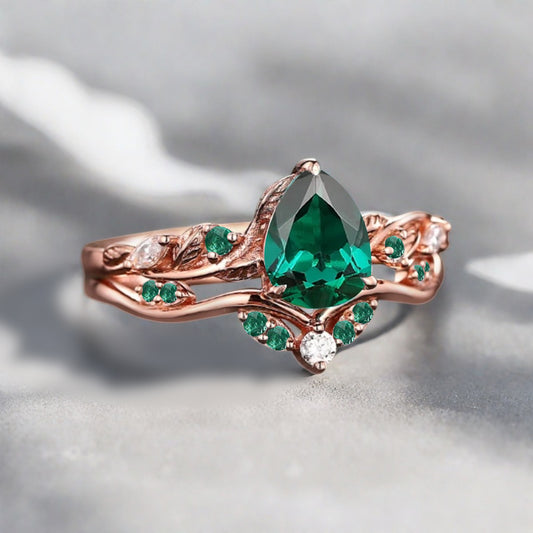 Vintage Pear Shape Emerald Engagement Ring Set Unique Emerald Gemstone Promise Bridal Ring Set Anniversary Gift