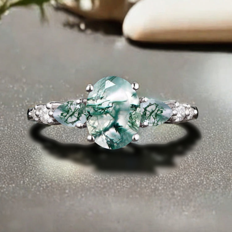 Vintage Oval Moss Agate Engagement Ring Unique Moss Agate Sidestones Oval Gemstone Promise Ring