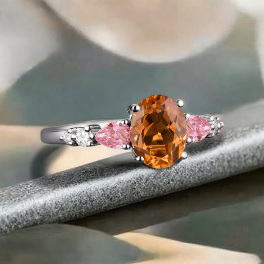 Vintage Oval Citrine Engagement Ring Unique Pink Sapphire Sidestones Oval Gemstone Promise Ring