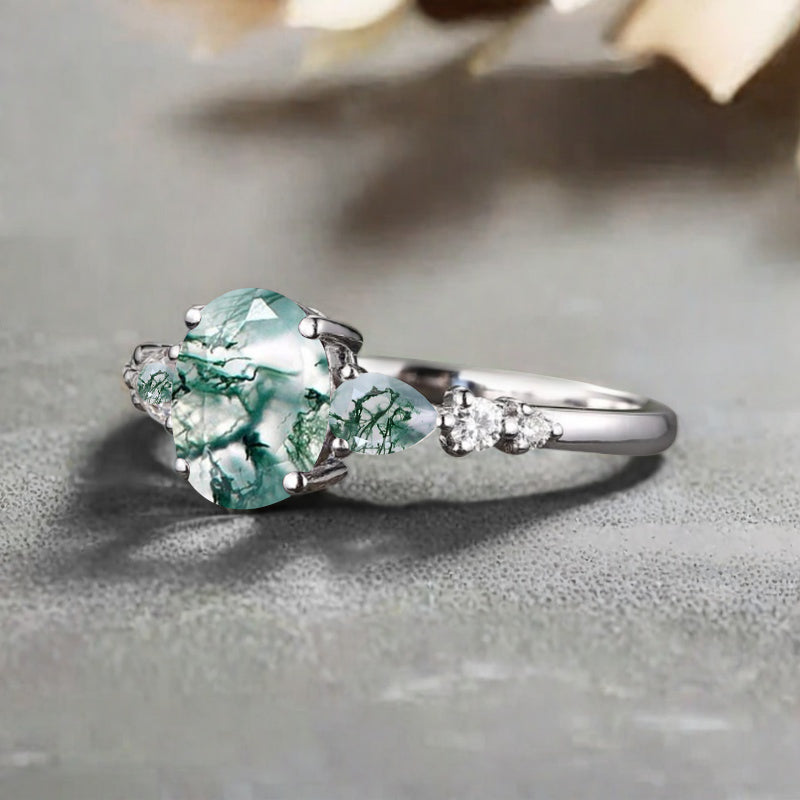 Vintage Oval Moss Agate Engagement Ring Unique Moss Agate Sidestones Oval Gemstone Promise Ring