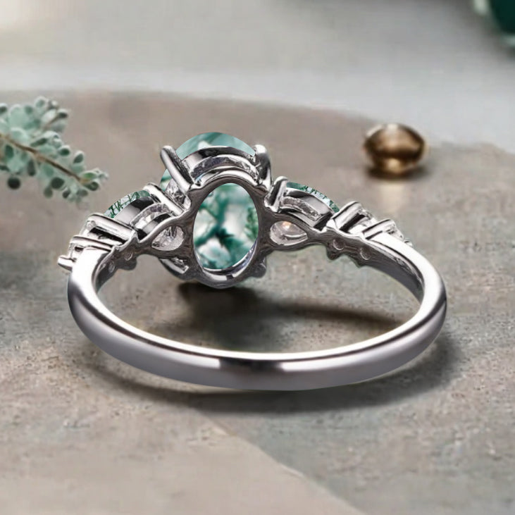 Vintage Oval Moss Agate Engagement Ring Unique Moss Agate Sidestones Oval Gemstone Promise Ring