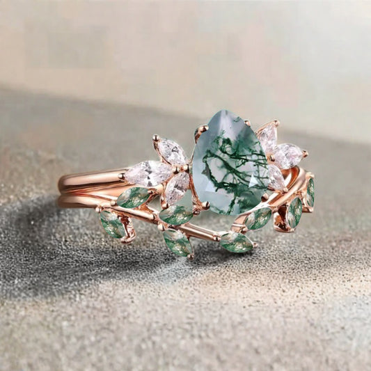 Vintage Pear Shape Moss Agate Enhancer Ring Set Unique Moissanite Gemstone Promise Bridal Ring Set