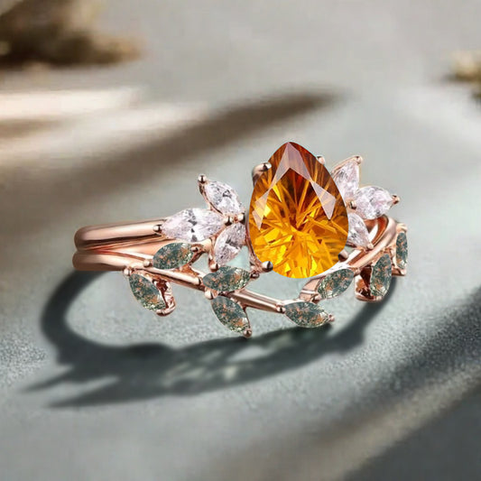 Vintage Pear Shape Citrine Enhancer Ring Set Unique Moissanite Gemstone Promise Bridal Ring Set