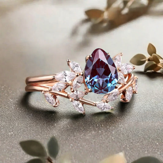 Vintage Pear Shape Alexandrite Enhancer Ring Set Unique Moissanite Gemstone Promise Bridal Ring Set