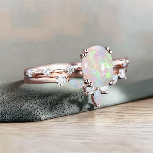 Vintage Oval Shape Opal Enhancer Ring Set Unique Opal Gemstone Promise Bridal Ring Set