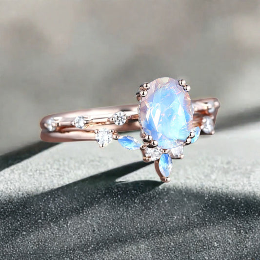 Vintage Birnenform Aquamarin Verlobungsring Set Unikat Versprechen Brautring Set Jubiläumsgeschenk