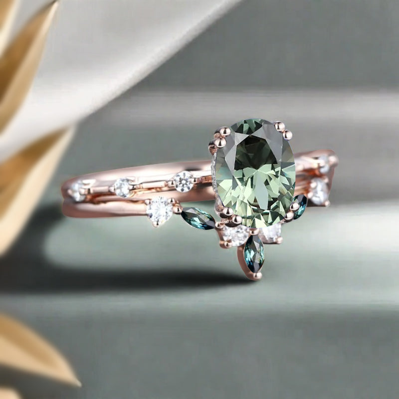 Vintage Oval Shape Tsavorite Enhancer Ring Set Unique Tsavorite Gemstone Promise Bridal Ring Set
