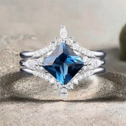 Blue Topaz engagement ring set nature inspired engagement ring Unique Rose gold princess cut ring wedding bridal promise