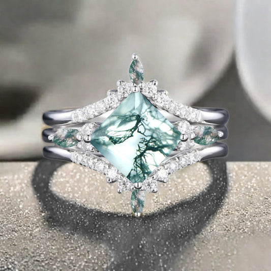 Moss Agate engagement ring set nature inspired engagement ring Unique Rose gold princess cut ring wedding bridal promise