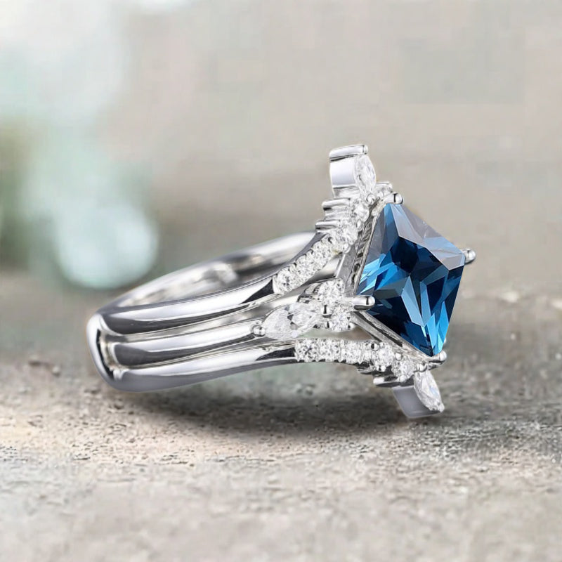 Blue Topaz engagement ring set nature inspired engagement ring Unique Rose gold princess cut ring wedding bridal promise