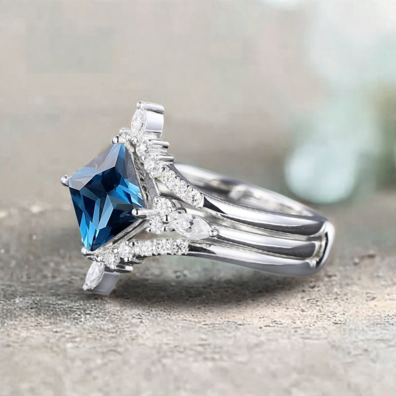 Blue Topaz engagement ring set nature inspired engagement ring Unique Rose gold princess cut ring wedding bridal promise