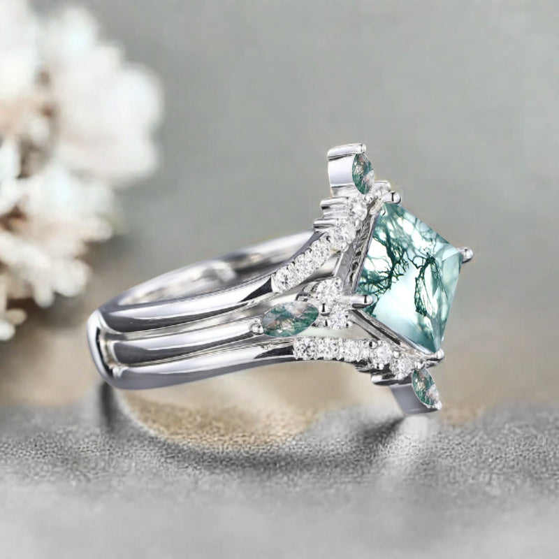 Moss Agate engagement ring set nature inspired engagement ring Unique Rose gold princess cut ring wedding bridal promise