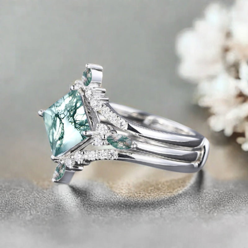 Moss Agate engagement ring set nature inspired engagement ring Unique Rose gold princess cut ring wedding bridal promise