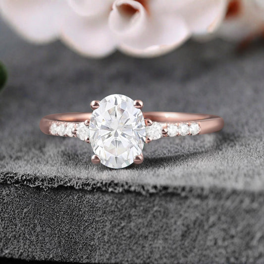 Oval Shape Moissanite Ring Vintage Engagement Ring 10K Rose Gold Unique Bridal Ring Anniversary Gift Ring