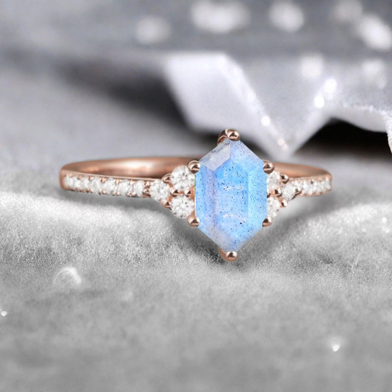 Vintage Unique Labradorite Engagement Ring Solid 14K Gold White-blue Labradorite Ring July Birthstone Ring Delicate Labradorite Gemstone Ring Handmade Bridal Jewelry