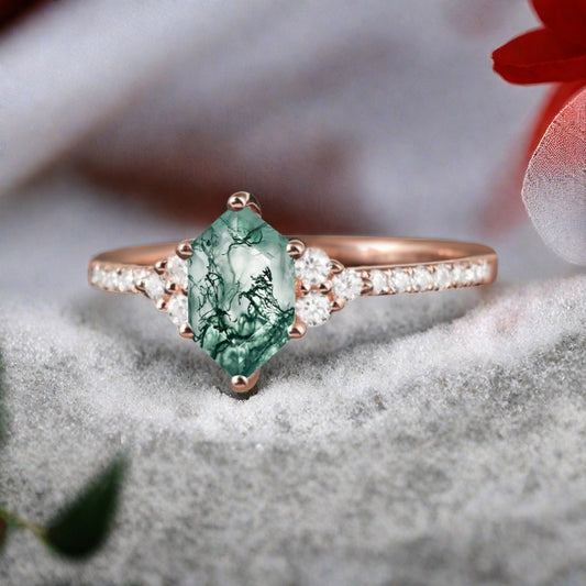 Vintage Unique Moss Agate Engagement Ring Solid 14K Gold Moss Agate Ring July Birthstone Ring Delicate Moss Agate Gemstone Ring Handmade Bridal Jewelry