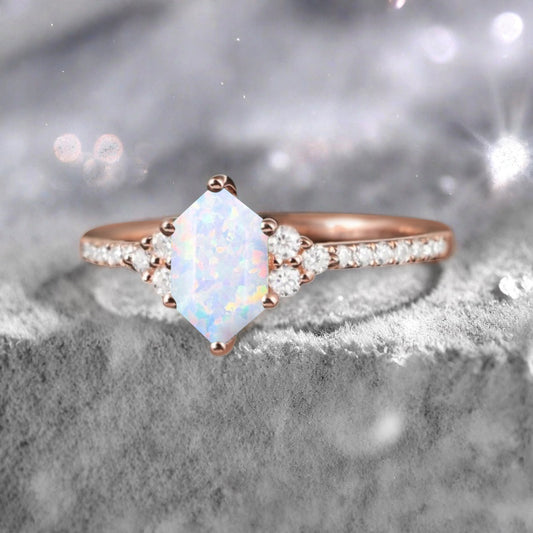 Vintage Unique Opal Engagement Ring Solid 14K Gold White Opal Ring July Birthstone Ring Delicate Opal Gemstone Ring Handmade Bridal Jewelry