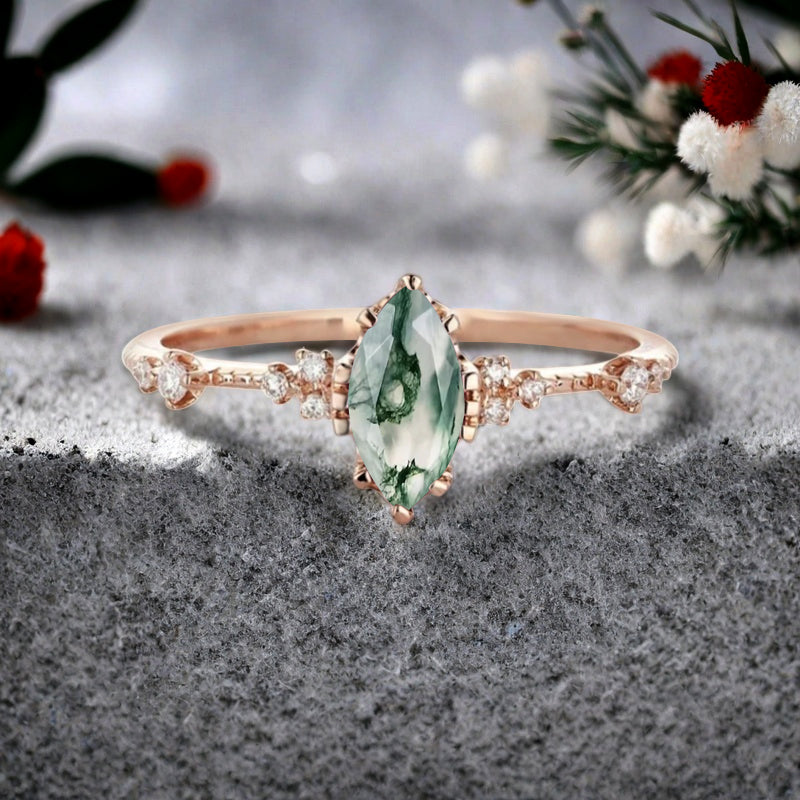 Marquise Cut Moss Agate Ring Vintage Solid Gold Engagement Ring Unique Moissanite Bridal Wedding Anniversary Gift For Her