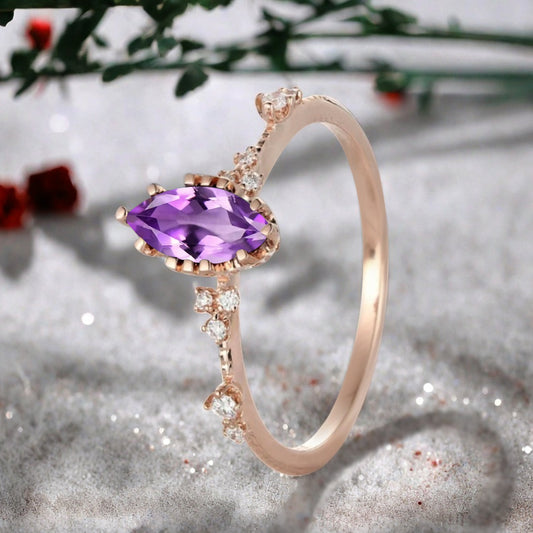 Marquise Cut Amethyst Ring Vintage Solid Gold Engagement Ring Purple Amethyst Ring Unique Moissanite Bridal Wedding Anniversary Gift For Her