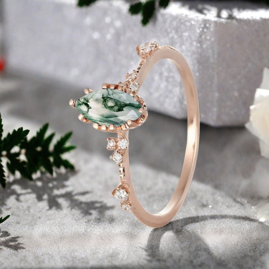 Marquise Cut Moss Agate Ring Vintage Solid Gold Engagement Ring Unique Moissanite Bridal Wedding Anniversary Gift For Her