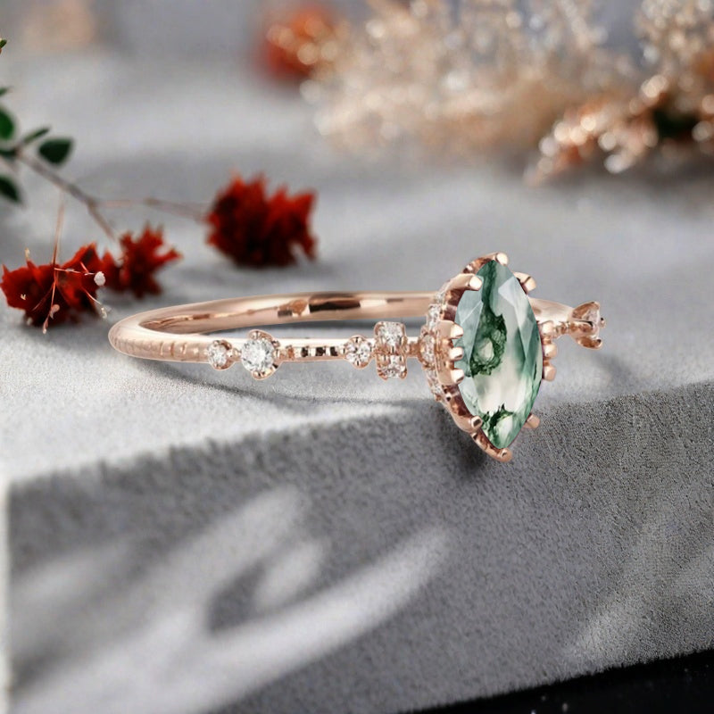 Marquise Cut Moss Agate Ring Vintage Solid Gold Engagement Ring Unique Moissanite Bridal Wedding Anniversary Gift For Her