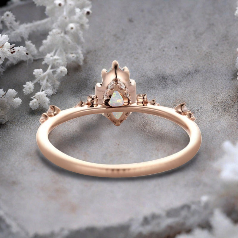 Marquise Cut Opal Ring Vintage Solid Gold Engagement Ring White Pink Opal Ring Unique Moissanite Bridal Wedding Anniversary Gift For Her